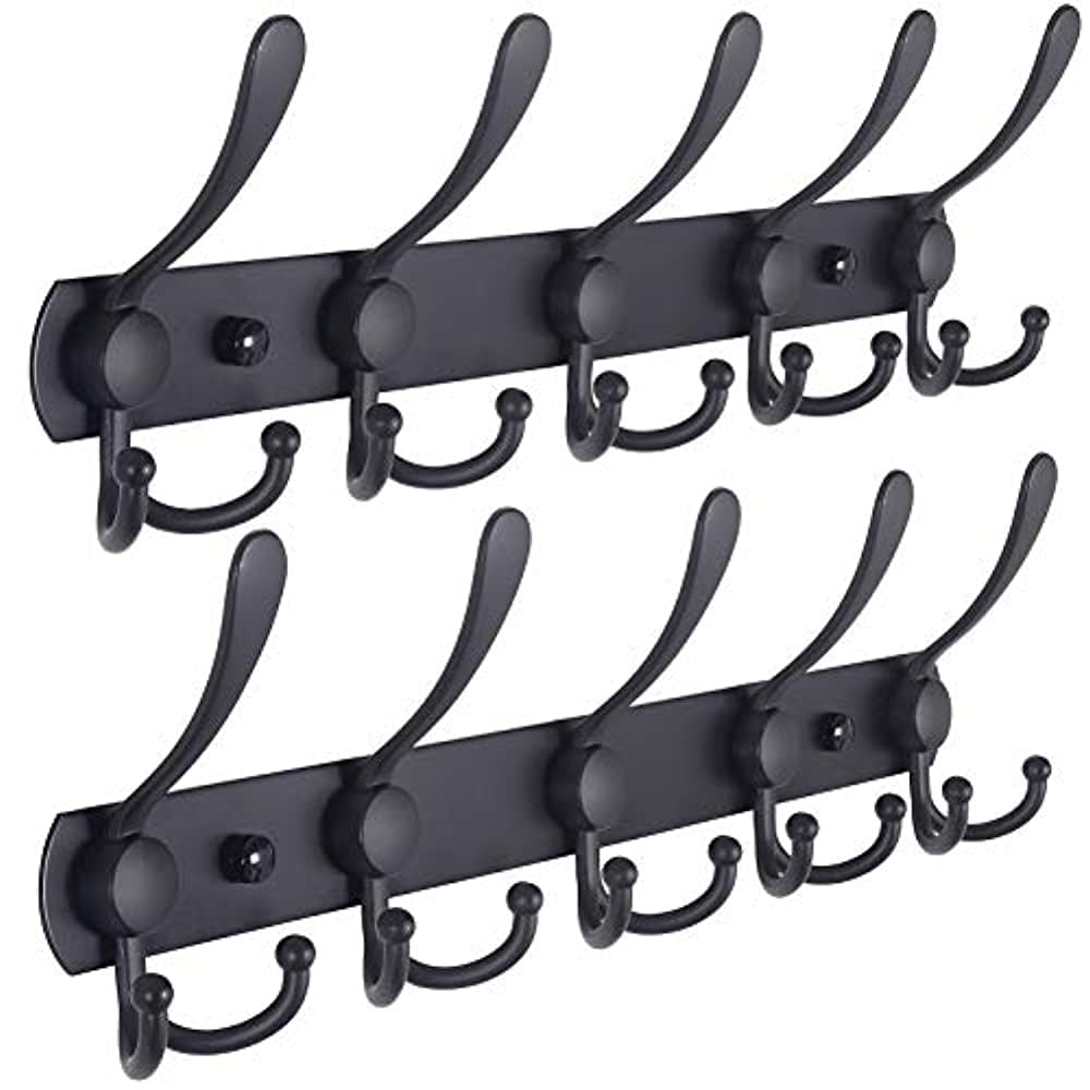 VXAR Coat Racks Wall Mounted 10 Tri Hooks Hanger Heavy Duty Stainless Steel for Hanging Towel Clothes Robes Bag Purse Entryway Bathroom Bedroom Black 1P