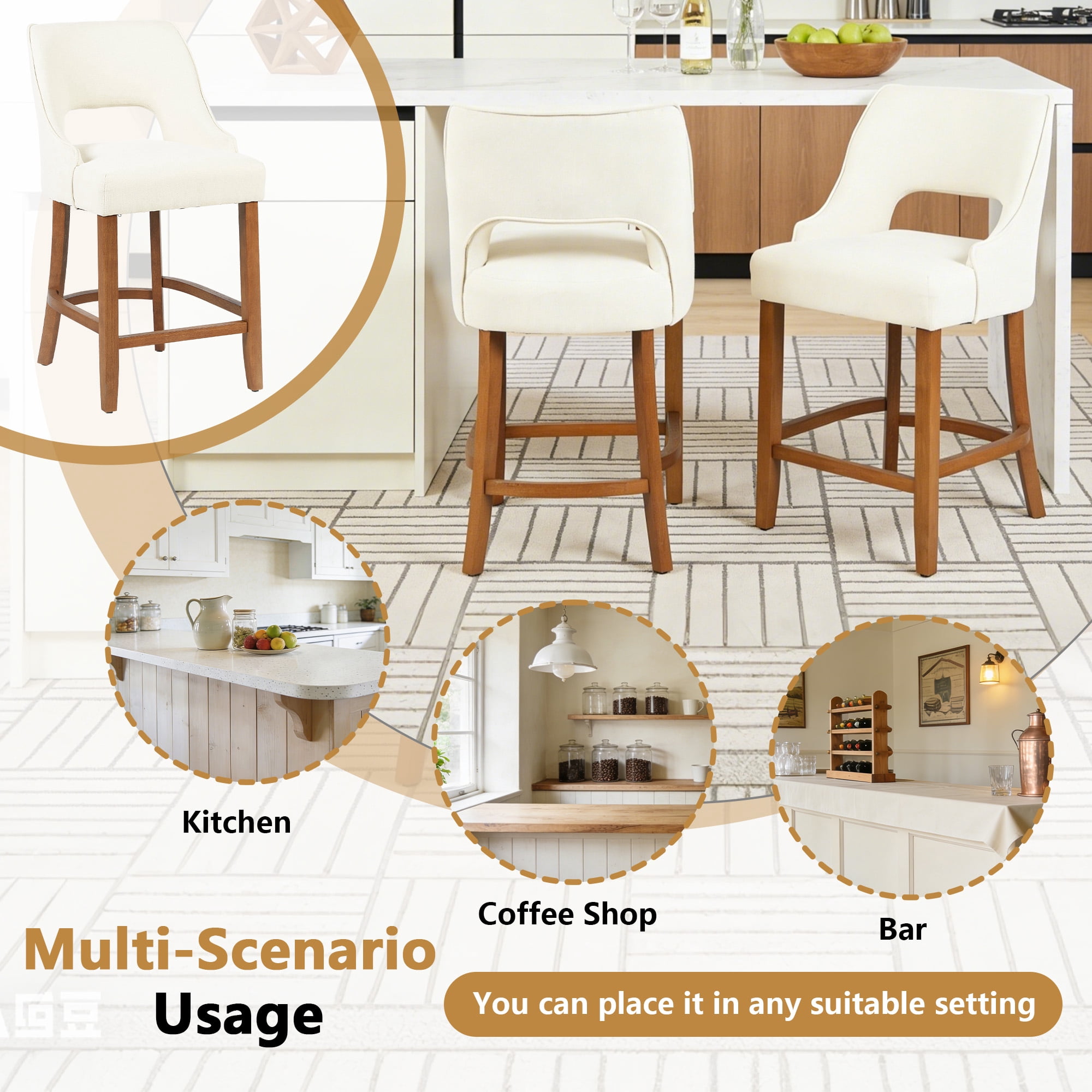 ClinQ Modern Counter Height Bar Stool Set of 2, Upholstered Seat with Back and Walnut Curved Footrest for Kitchen Island, Beige