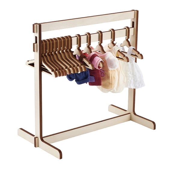 11.81 Inch High Garment Racks with 15Pcs Wooden Clothes Hanger Small Dolls Clothes Rack White Mini Dress Up Storage Garment Rack Accessory