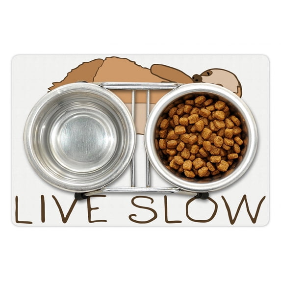 Sloth Pet Mat for Food and Water, Relaxed Happy Animal Lying and Eating Character Live Slow Motivational Phrase, Non-Slip Rubber Mat for Dogs and Cats, 18" X 12", by Ambesonne