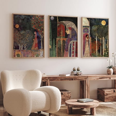 Luvia Persian- Inspired Moonlit Garden - Set Of 3 Ethereal Romantic Persian Art Posters - Middle Eastern Mystical Night Sky Artwork, Modern Wall Decor Set 3 Prints 12x18 UNFRAMED