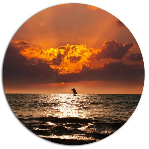 Design Art 'Sunset Beach with Distant Sail Boat' Photographic Print on Metal