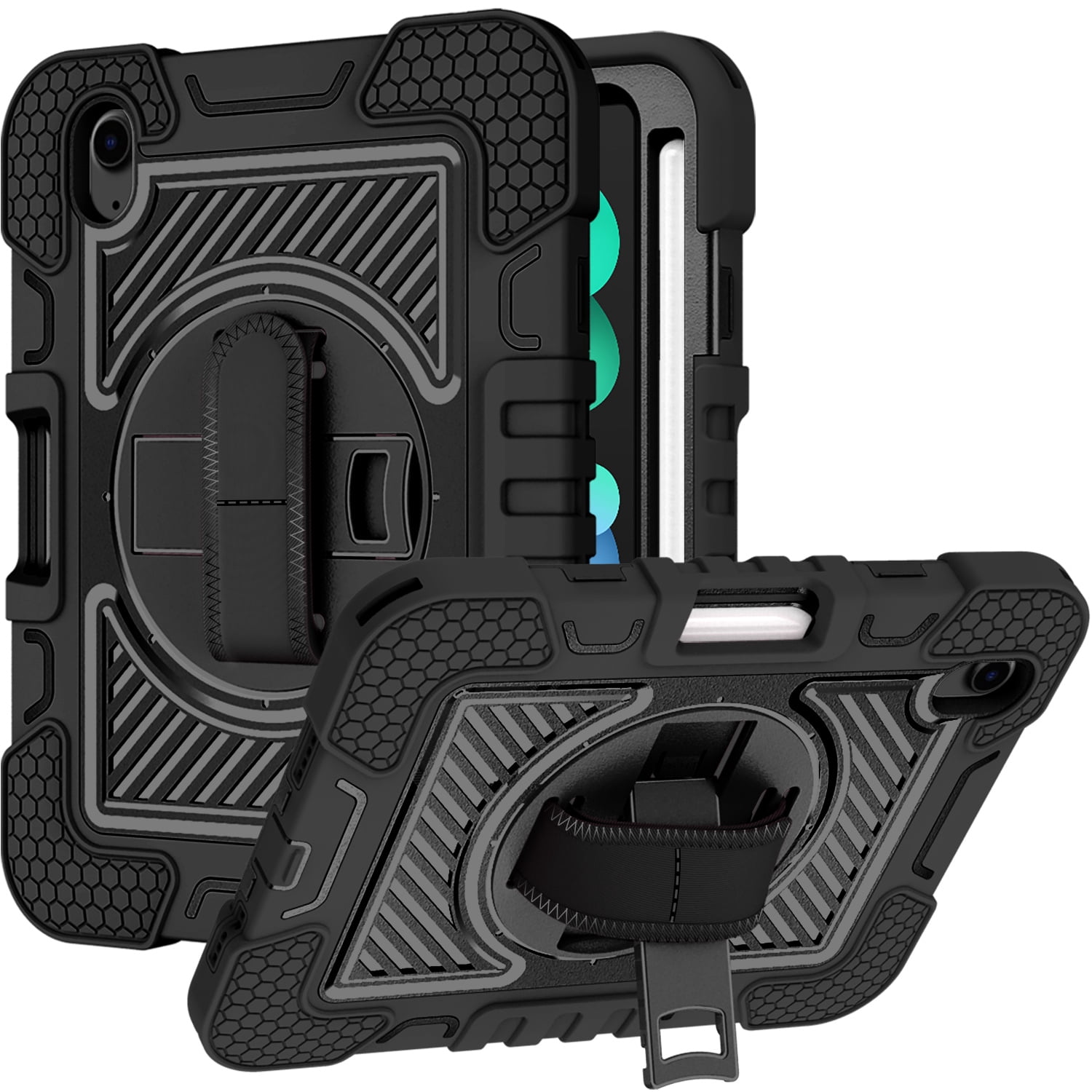 For Apple iPad (A16) 2025 /iPad 10th Gen 10.9 Hybrid 3in1 Multi-Functional Shockproof Tablet Case with Hand, Shoulder Strap, Pencil & Stand Holder Case Cover [Black]