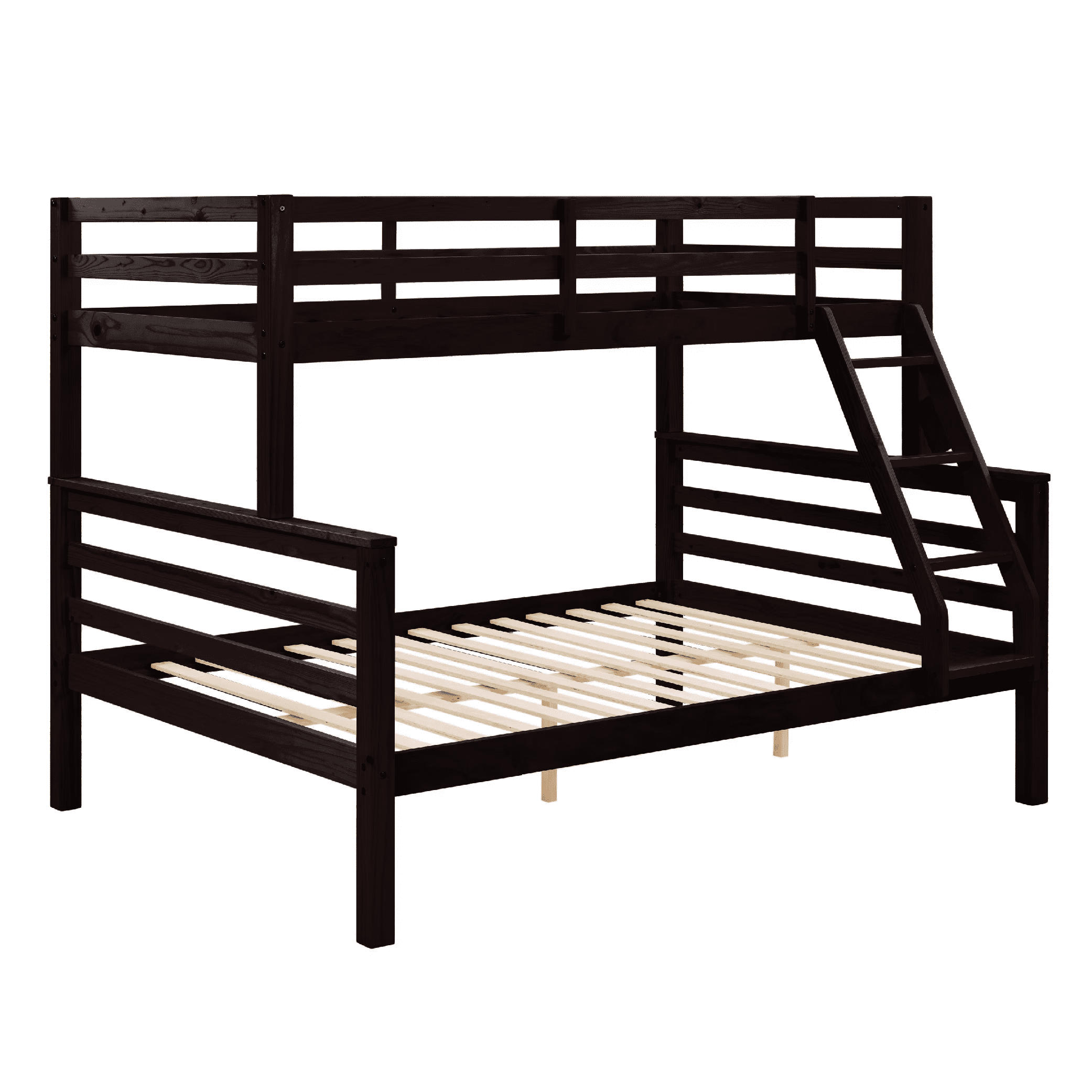 MAYEERTY Twin over Full Bunk Bed with Thick Posts, Wooden Bed Frame with High Guardrail and Ladder for Kids, No Box Spring Needed, Espresso