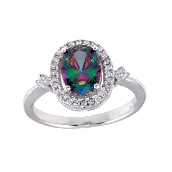 Halo Set Mystic Synthetic Topaz Clear CZ Oval Ring Sterling Silver Size 6