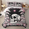 thumbnail image 2 of Homewish Skull Skeleton Bed Spread Queen,Pink Floral Mushrooms Queen Coverlet Set,Halloween Duvet,3pcs, 2 of 7