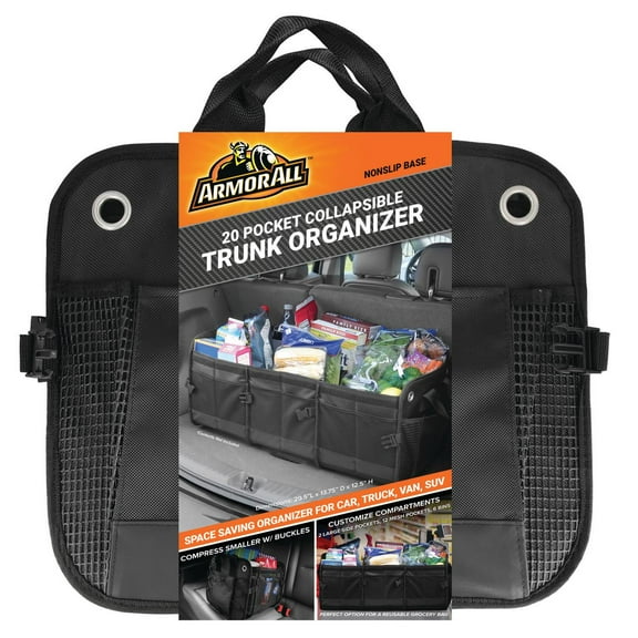 Armor All Large 20 Pocket Trunk Cargo Organizer, Collapsible and Foldable Compartments, Groceries, Beach, Picnic