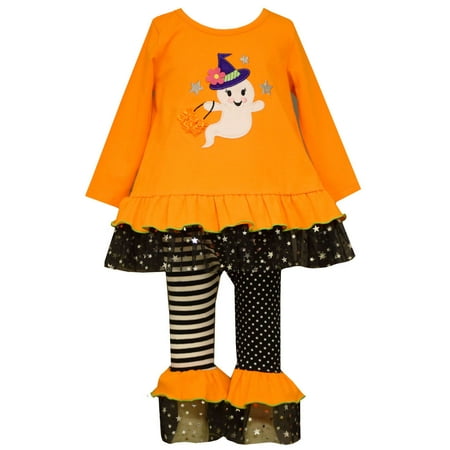 Bonnie Jean Little Girls Orange GHOST Halloween /Black Leggings Set outfit