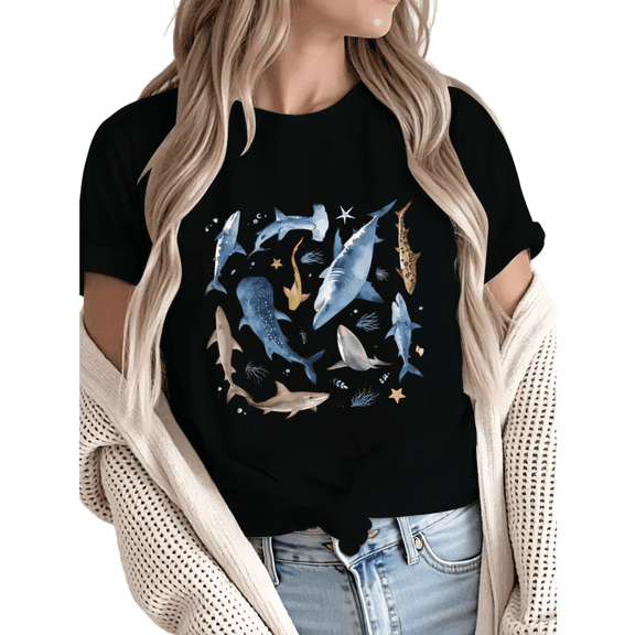 Giffimy Women's Watercolour Shark Species Sea Life Novelty Graphic Short Sleeve T-Shirt Casual Cotton Crewneck Top Black S-5XL