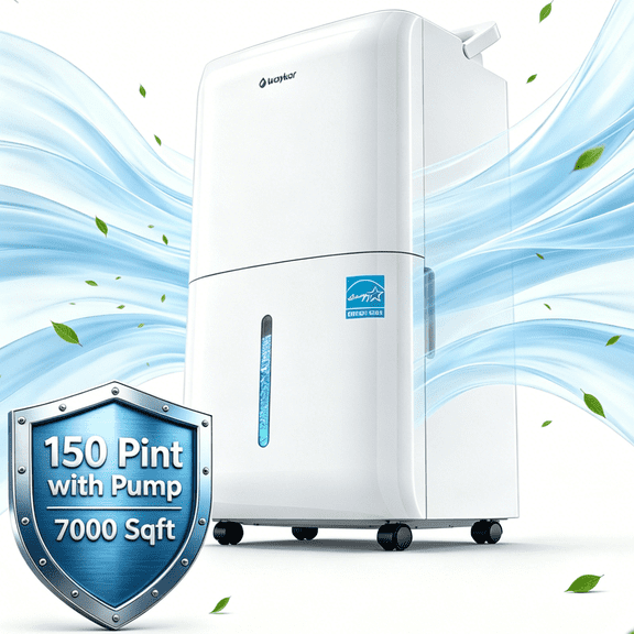Waykar 150 Pint Dehumidifier with Built-in Pump, No Daily Emptying for 7,000 Sq. Ft., Continuous Drain, Auto Defrost, 50 Pint DOE Energy Star