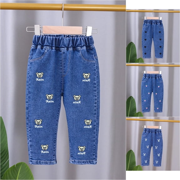 Trendfront Girls Denim Jeans 2026 Oversized Embroidered Washed Distressed Multi Pockets Embroidered Pants Fashionable Kids Wide Leg Trousers
