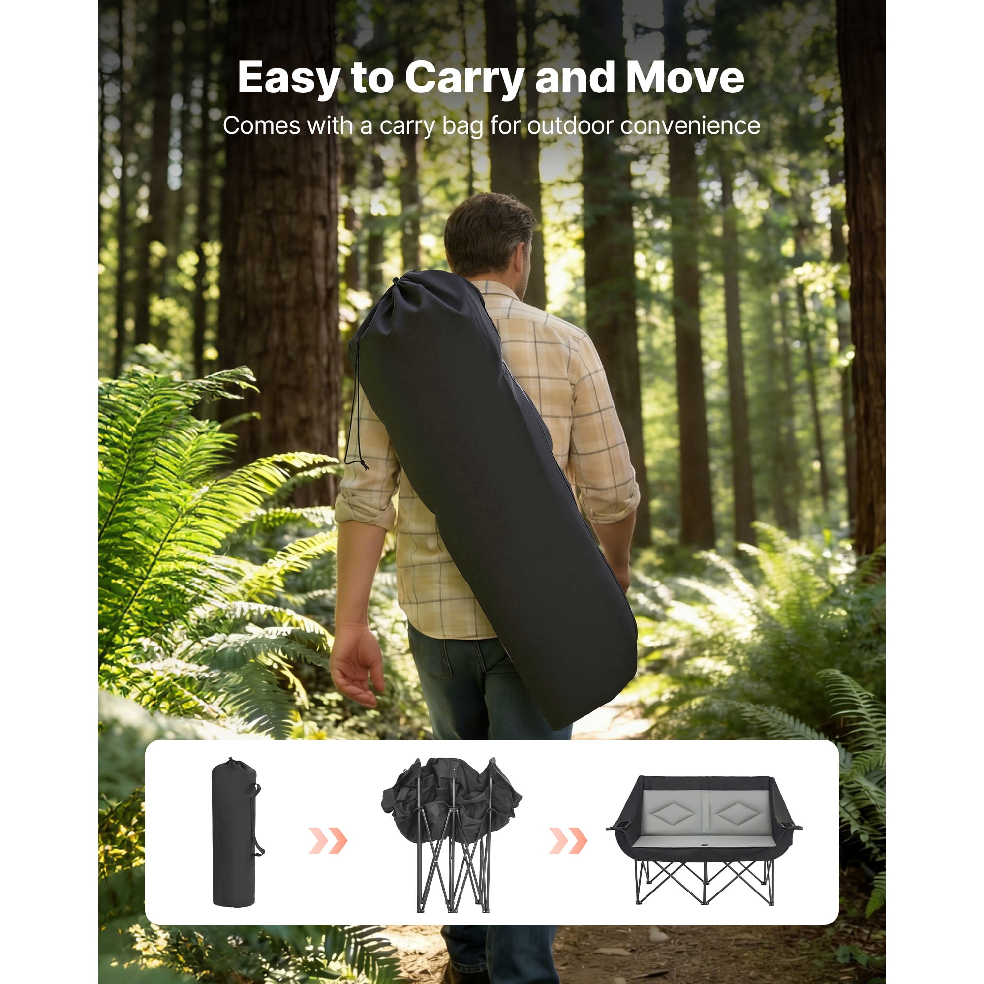 KFFKFF Double Camping Chair for Two, Sturdy Design with 660 lbs Weight Capacity, Includes Cup Holders, Wine Glass Slots, Magazine Straps, and Carry Bag for Outdoor Activities, Beach Use, Single Pack