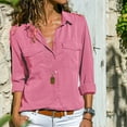 thumbnail image 2 of IROINNID On Sale Plus Size Shirts for Women Cotton Shirts for Women Comfortable Ladies Chiffon Long Sleeve V-Neck Lapel Solid Color Blouses Summer Tops,Hot Pink, 2 of 6
