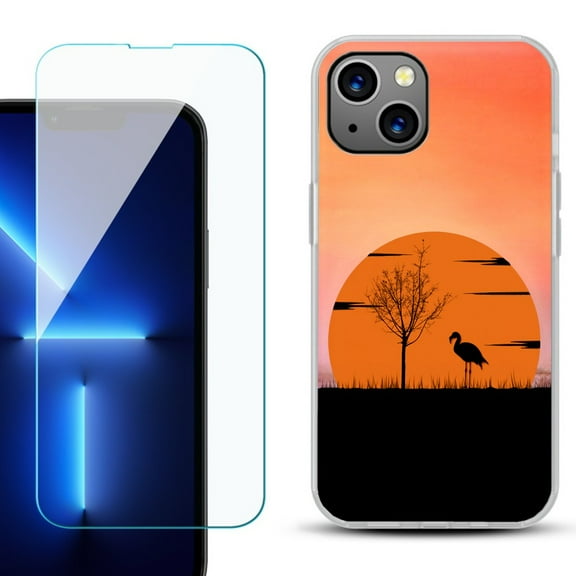 Slim-Fit TPU Phone Case for iPhone 14 Plus, with Tempered Glass Screen Protector, by OneToughShield ® - Sunset Flamingo