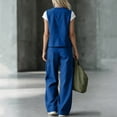 thumbnail image 5 of TEAJOPSUU Women's 2 Piece Linen Cotton Outfits Sets V Neck Button Vintage Vests Cargo Wide Leg Palazzo Pants with Pockets Matching Solid Sets Blue, 5 of 9