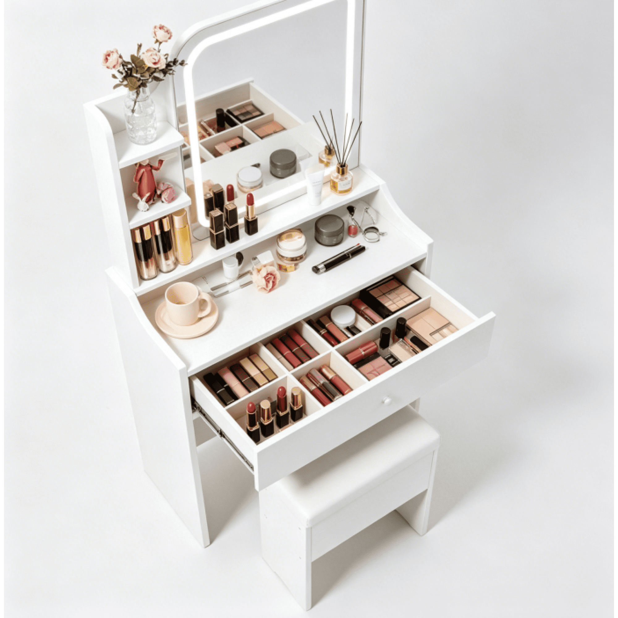 HOQBN White Vanity Set with Mirror and Smart LED,Small Makeup Table Dressing Table with Storage for Apartments,Bedrooms,Living Rooms