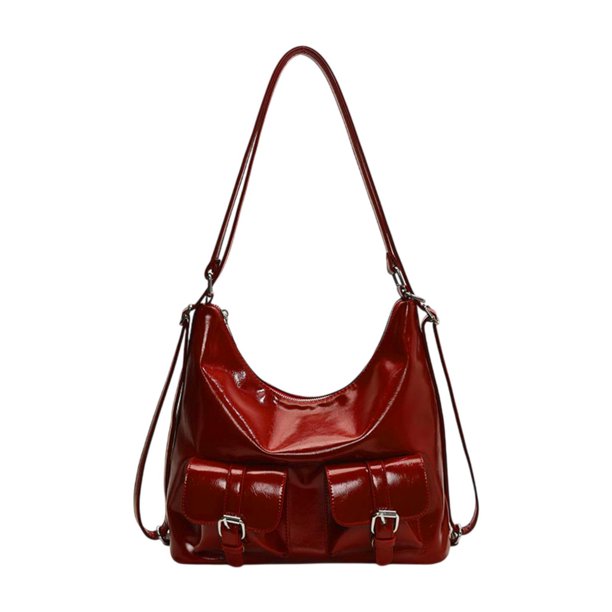Bolso de hombro para mujer de piel sintética con múltiples bolsillos para ir de compras. Rojo