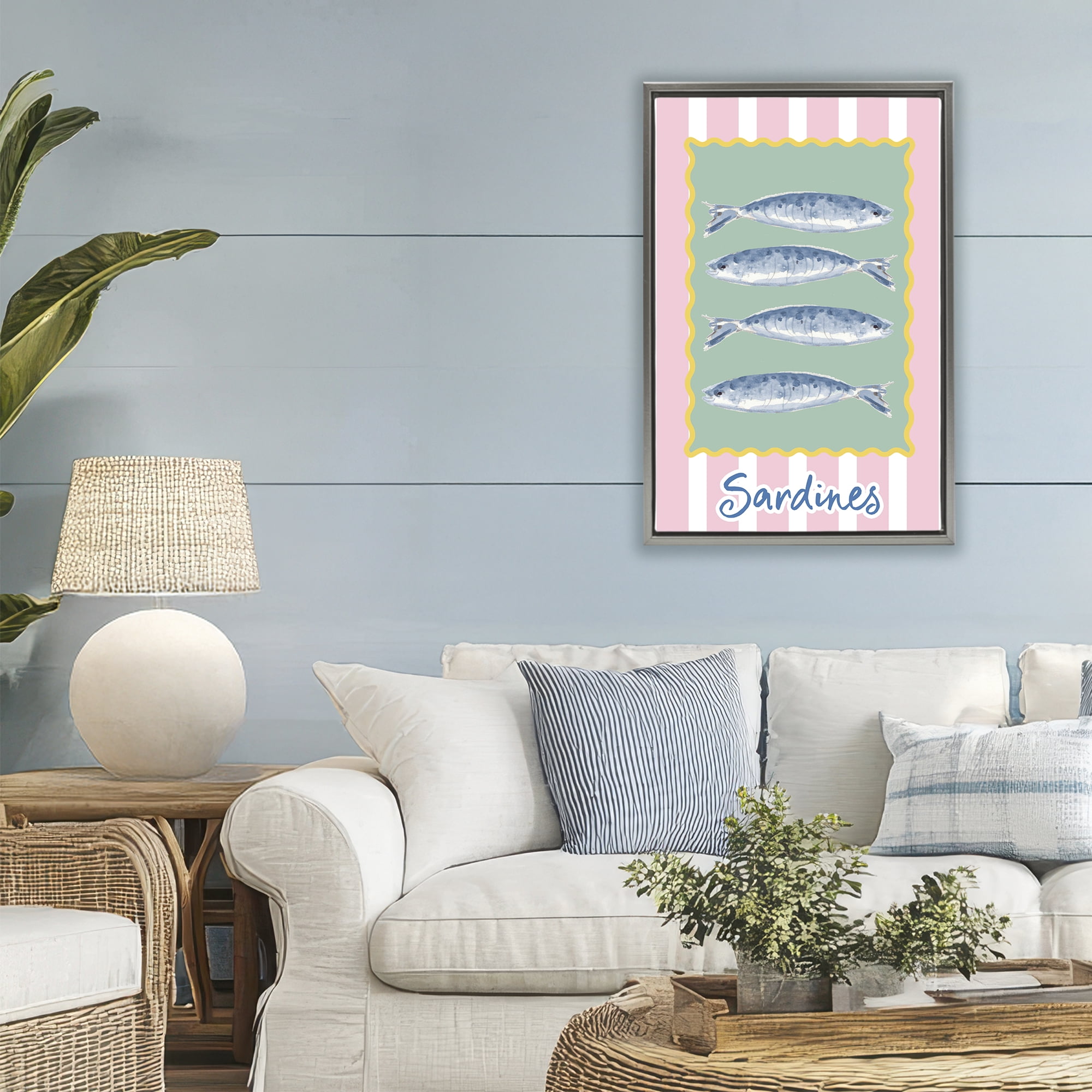 Stupell Industries Pastel Striped Sardines Gray Framed Floater Canvas Wall Art, design by Patricia Pinto