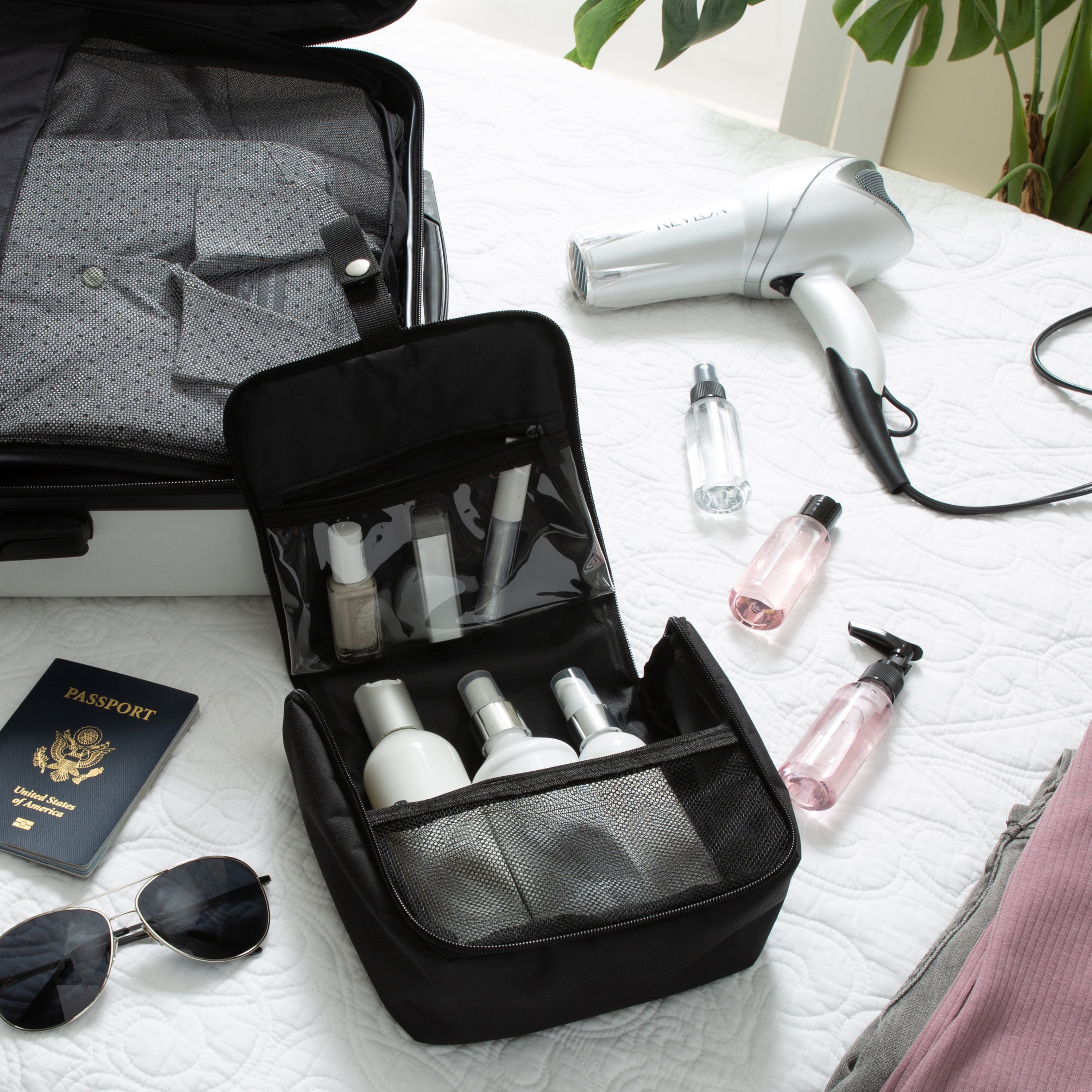 G-Force RPET Hanging Toiletry Bag Set with 3 Piece Clear Refillable Travel Bottles, Black