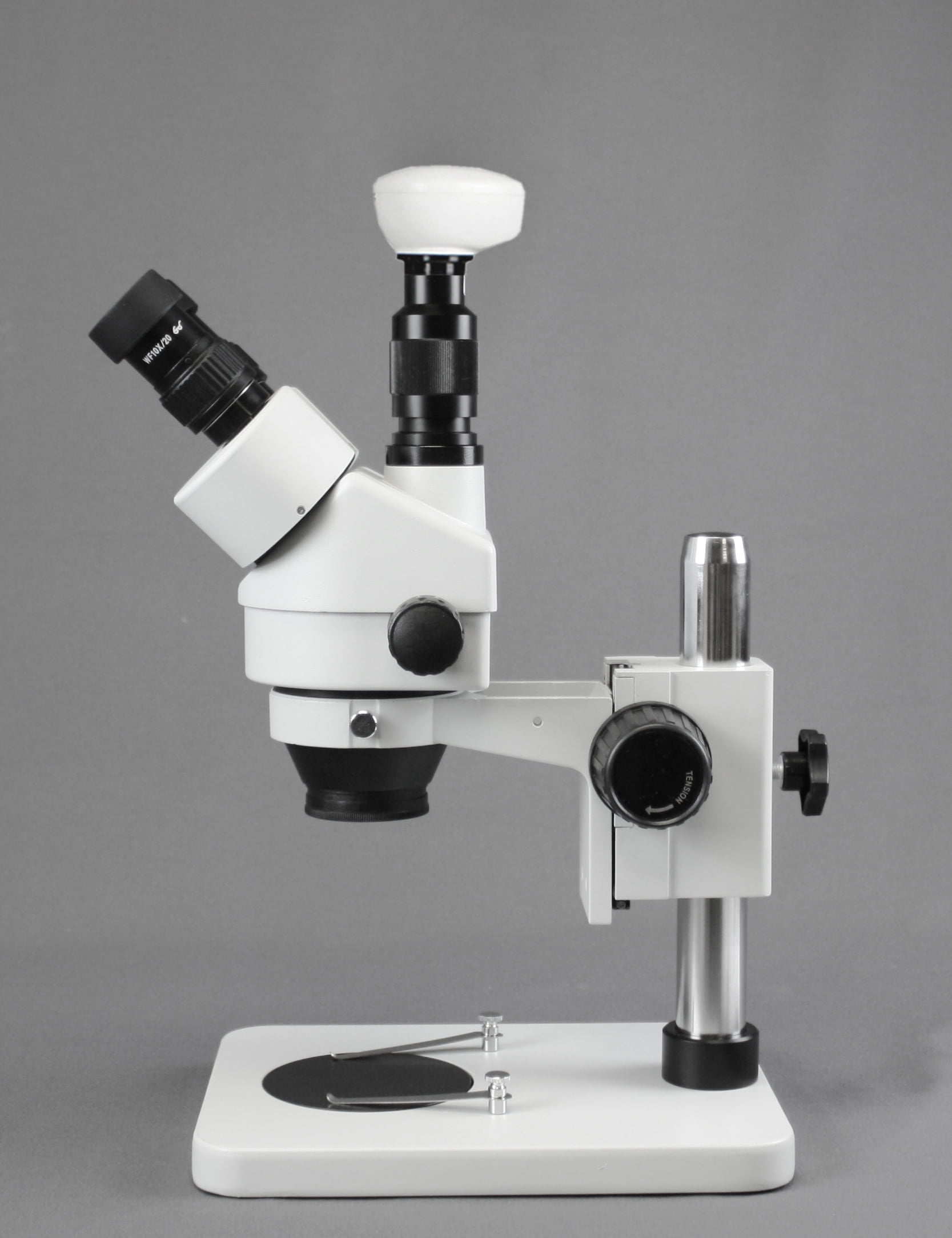 VIsion Scientific VS-1FZ-IFR07-5N Trinocular Zoom Stereo, 10x WF Eyepiece, 0.7x—4.5x Zoom, 3.5x—90x Magnification, Pillar Stand, 144-LED Ring Light, 5.0MP Digital Eyepiece Camera