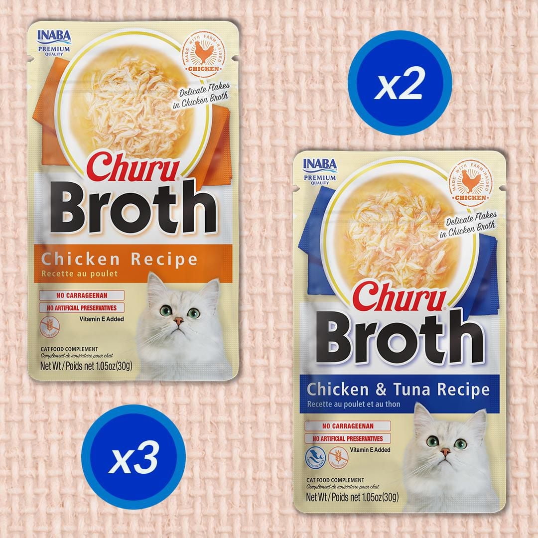 INABA Churu Broth for Cats - Chicken and Tuna Variety Pack - Chicken Recipe (3 Pouches) & Chicken & Tuna Recipe (2 Pouches) - Silky Broth with Free-range Shredded Chicken Side Dish Pouch, 30g per Pouc