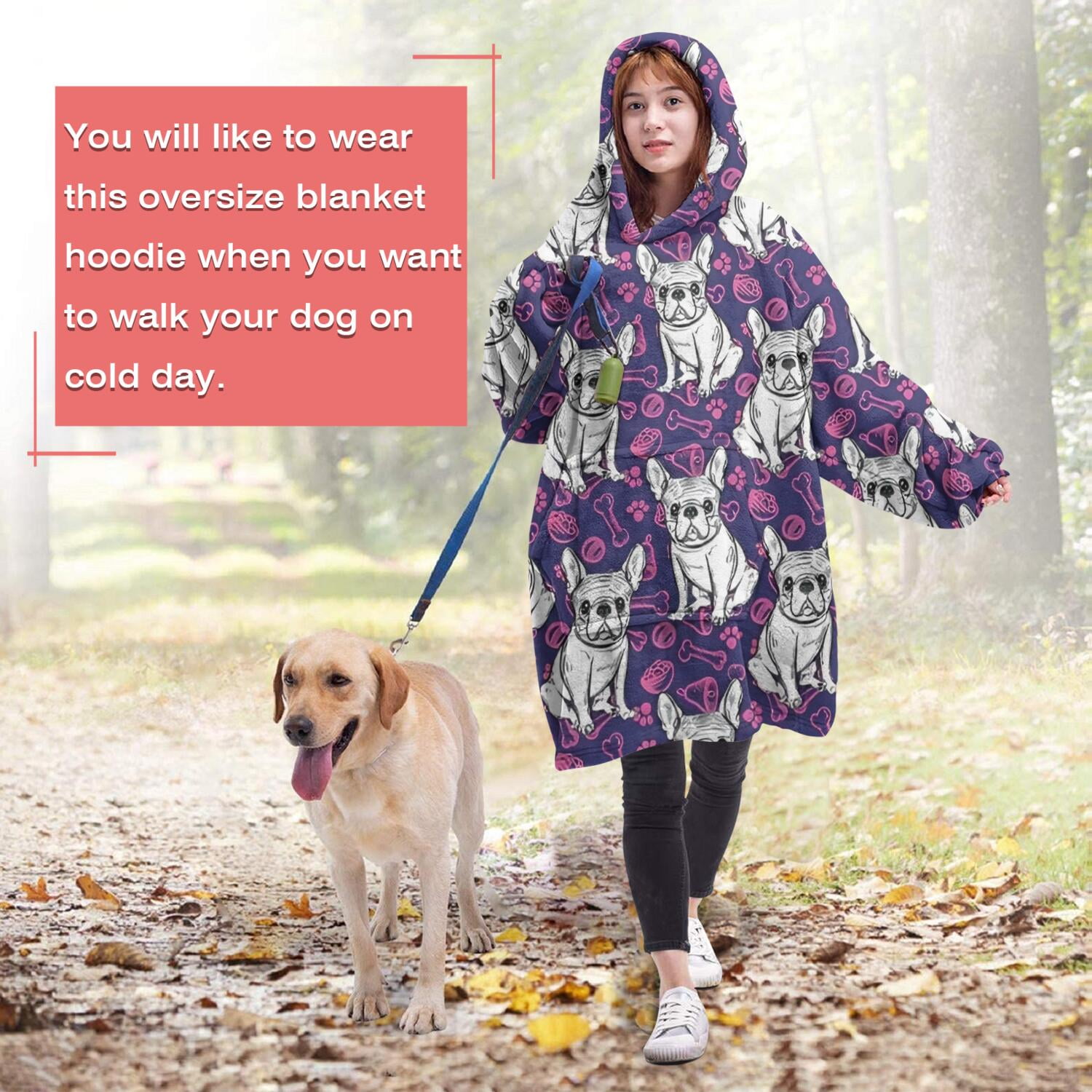 Purple French Bulldog Wearable Oversized Blanket,Wearable Blanket Hoodie for Adults,Cozy Hooded Blankets with Super Pockets,Super Warm Fuzzy Pullover for Women & Men