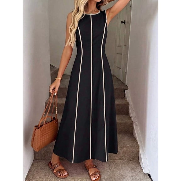 Black Sleeveless Round Neck Maxi Dress With Cream Trim, Casual Elegant Long Dress For Summer Daily Wear