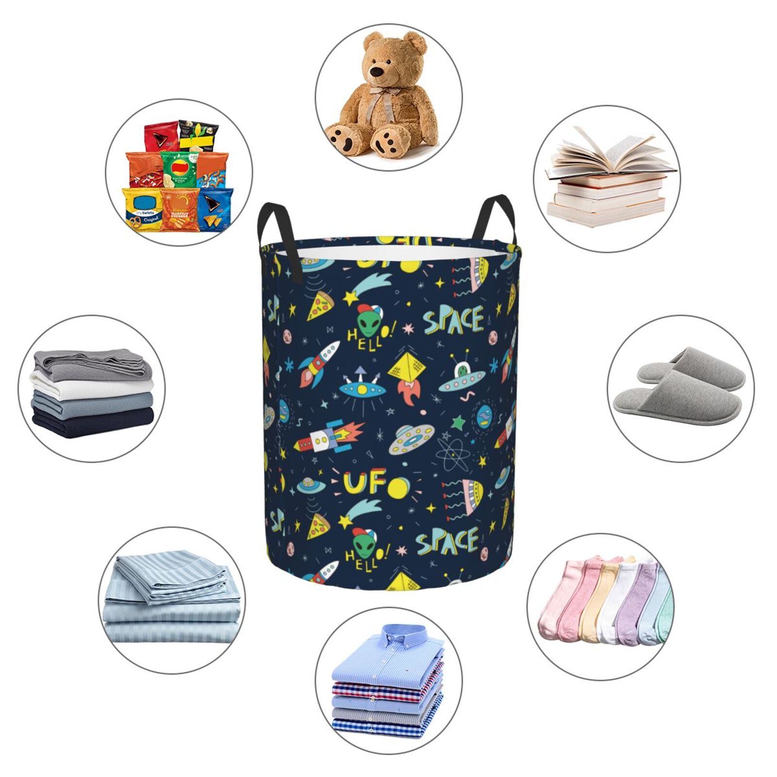Large Laundry Basket with Handles - Funny Spaceships Kids Baby Dirty Clothes Laundry Hamper for Bedroom Aesthetic
