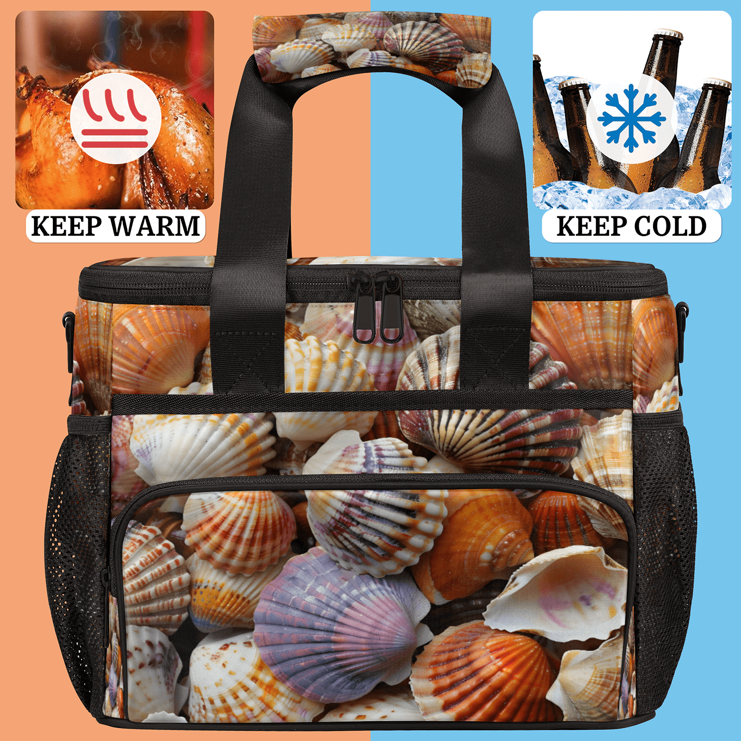 Herdesigns Seashells Beach Themed Large Lunch Box for Adults Women Men with Adjustable Shoulder Strap, Insulated Reusable Lunch Bag Leakproof Cooler Tote Bag