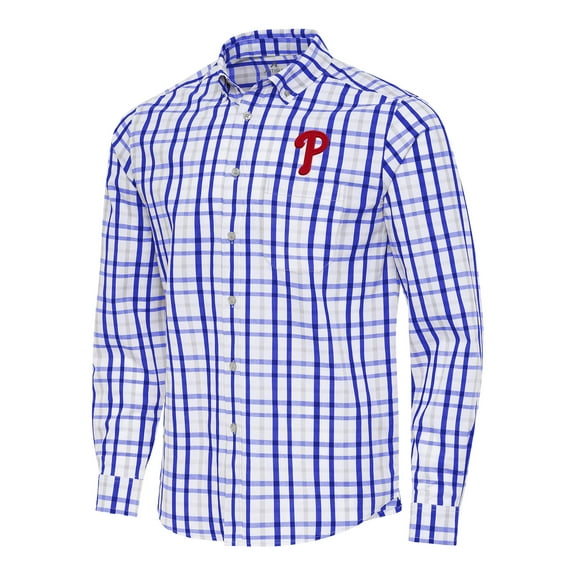 Men's Antigua Royal/White Philadelphia Phillies Tending Woven Tri-Blend Long Sleeve Button-Down Shirt