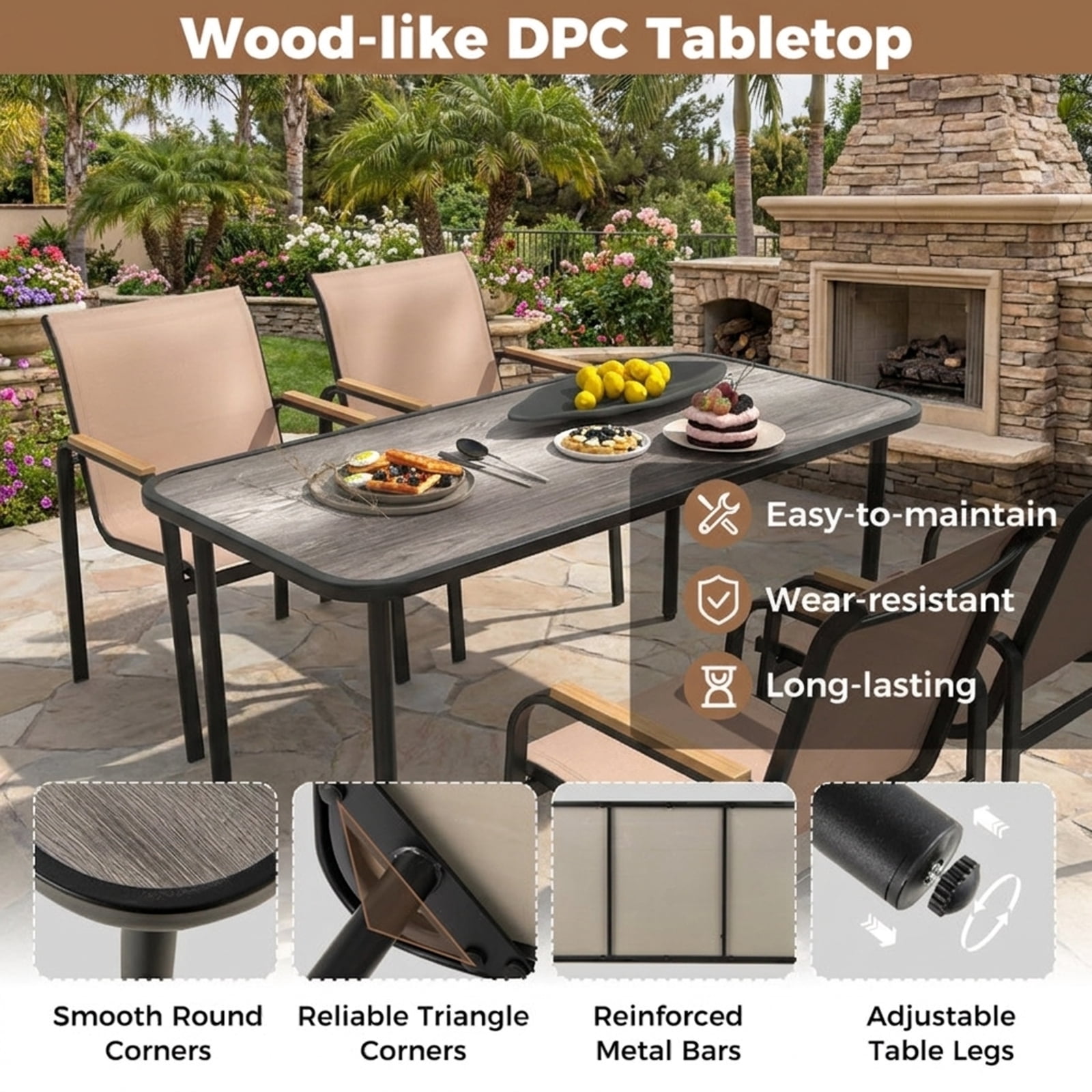 Furnibear 5 Pieces Patio Dining Set with 55 Inch Rectangular DPC Wood Grain Table 4 Breathable Fabric Sling Chairs and Reinforced Metal Frame for Backyard Garden Deck, Brown