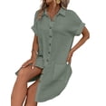thumbnail image 2 of Womens Summer Cotton Linen Button Down V-Neck Casual Short Sleeve Loose Tunic Dresses Gray Green M, 2 of 7