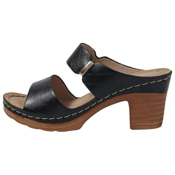 Nrmvnmi Women's High Heels Slides Open Toe Summer Leather Strap Chunky Heels Slip on Mules Heeled Sandals Black Mothers Day Gifts