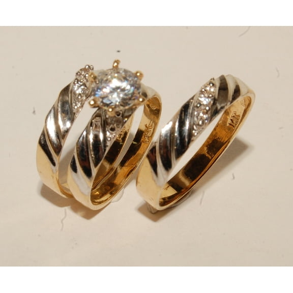TAAPSEE JEWELS Yellow Gold Finish Wedding Bands & Engagement ring Man's & ladies Trio Set His/Hers