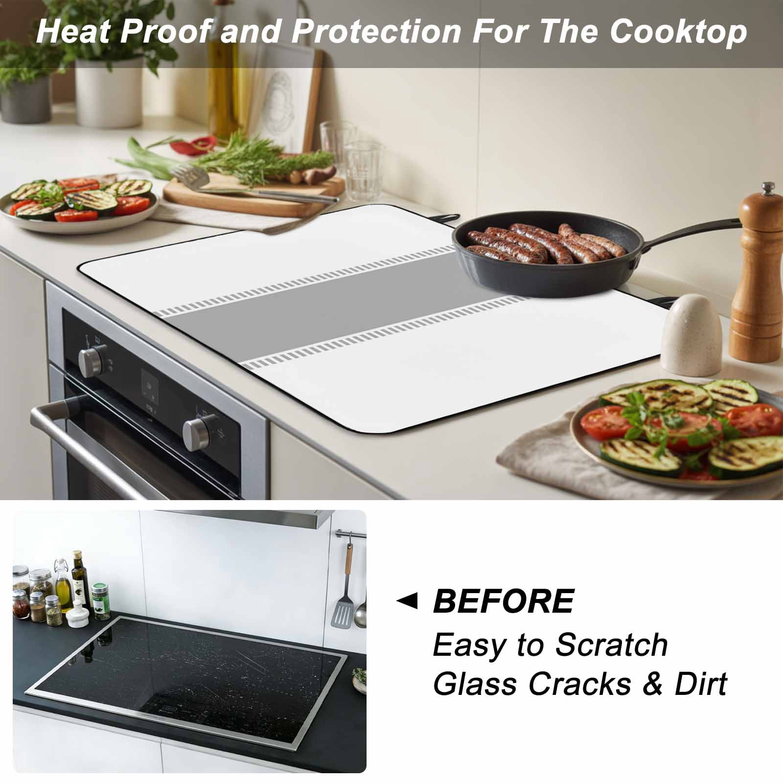 Gray Solid Color Texture Stove Top Cover for Electric Stove, Heat-proof & Non Slip Glass Top Stove Cover Protector, Simple Grey Stripes Kitchen Flat Cooktop Rubber Mat 24x21 Inches