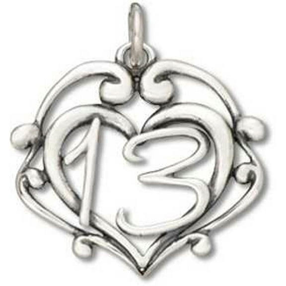 Sterling Silver 16" .8mm Box Chain Number 13 Inside Of Heart Scrolls Birthday Pendant Necklace