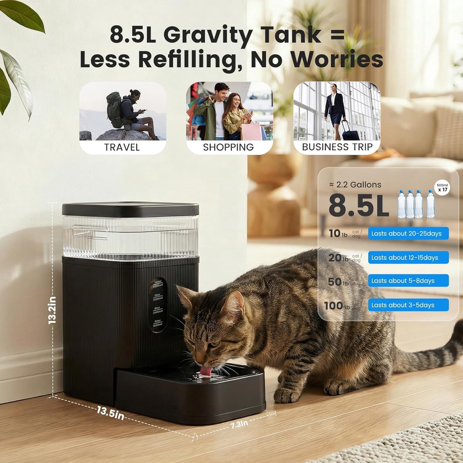 2.2 Gallon Automatic Dog & Cat Water Dispenser – 8.5L Gravity Feeder with Stainless Steel Bowl & Maifan Stone Filter, BPA-Free, Indoor Pet Hydration, Black