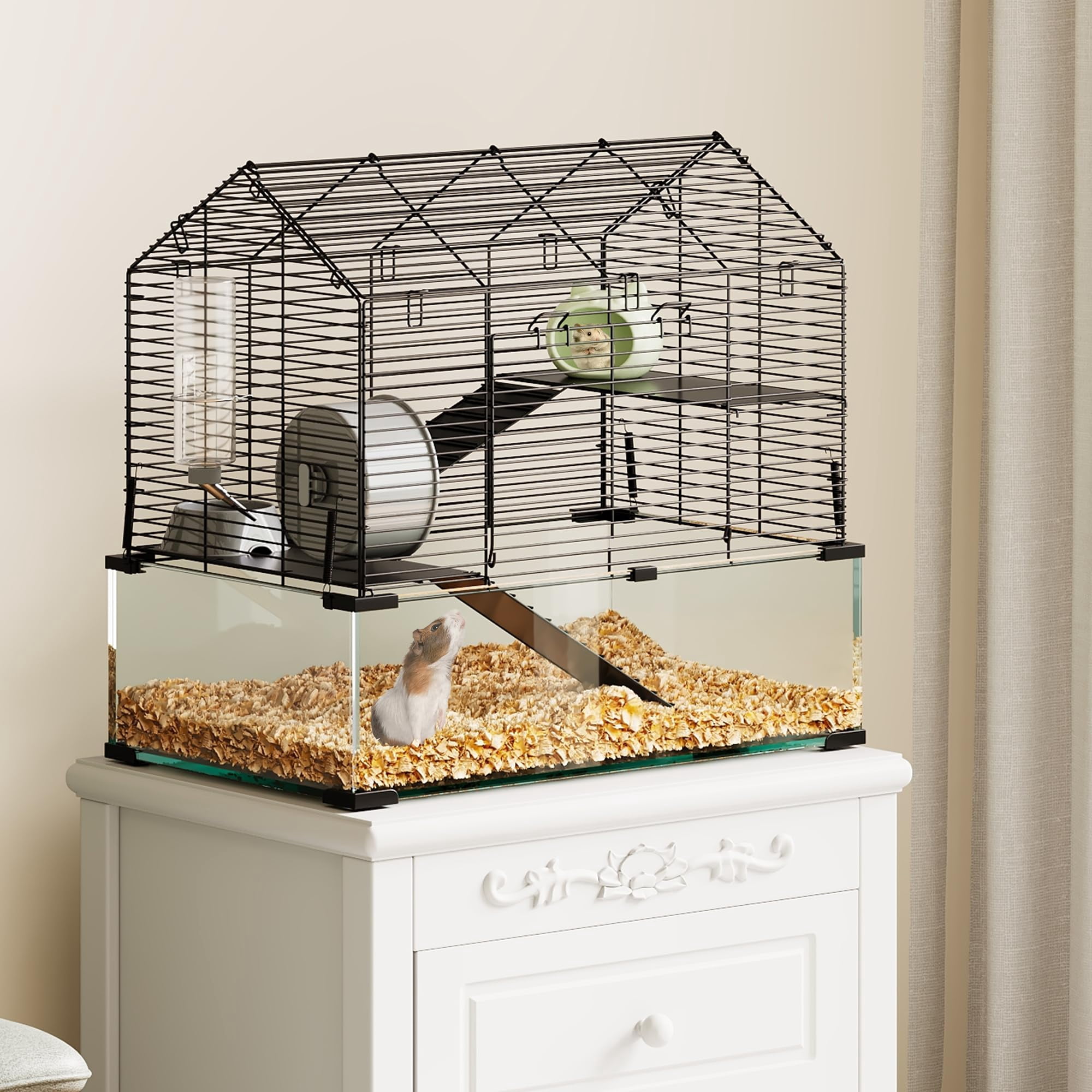 Hamster Cage, 360° Viewing Transparent Hamster Habitats, Small Animal Cage, Ventilated Pet Mouse Cages with  Running Wheel, Water Bottle, Food Bowl, Ramps, Portable Hamster House for Rats, Guinea Pigs