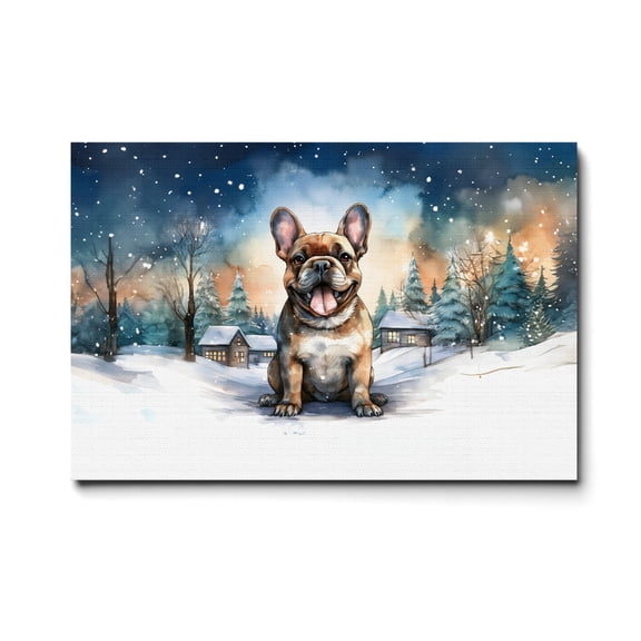 Hello Winter French Bulldog Welcome Snowy Night Watercolor Vintage Horizontal Matte Canvas Poster Dog Lover Gifts Wall Art Home Decor - 01011