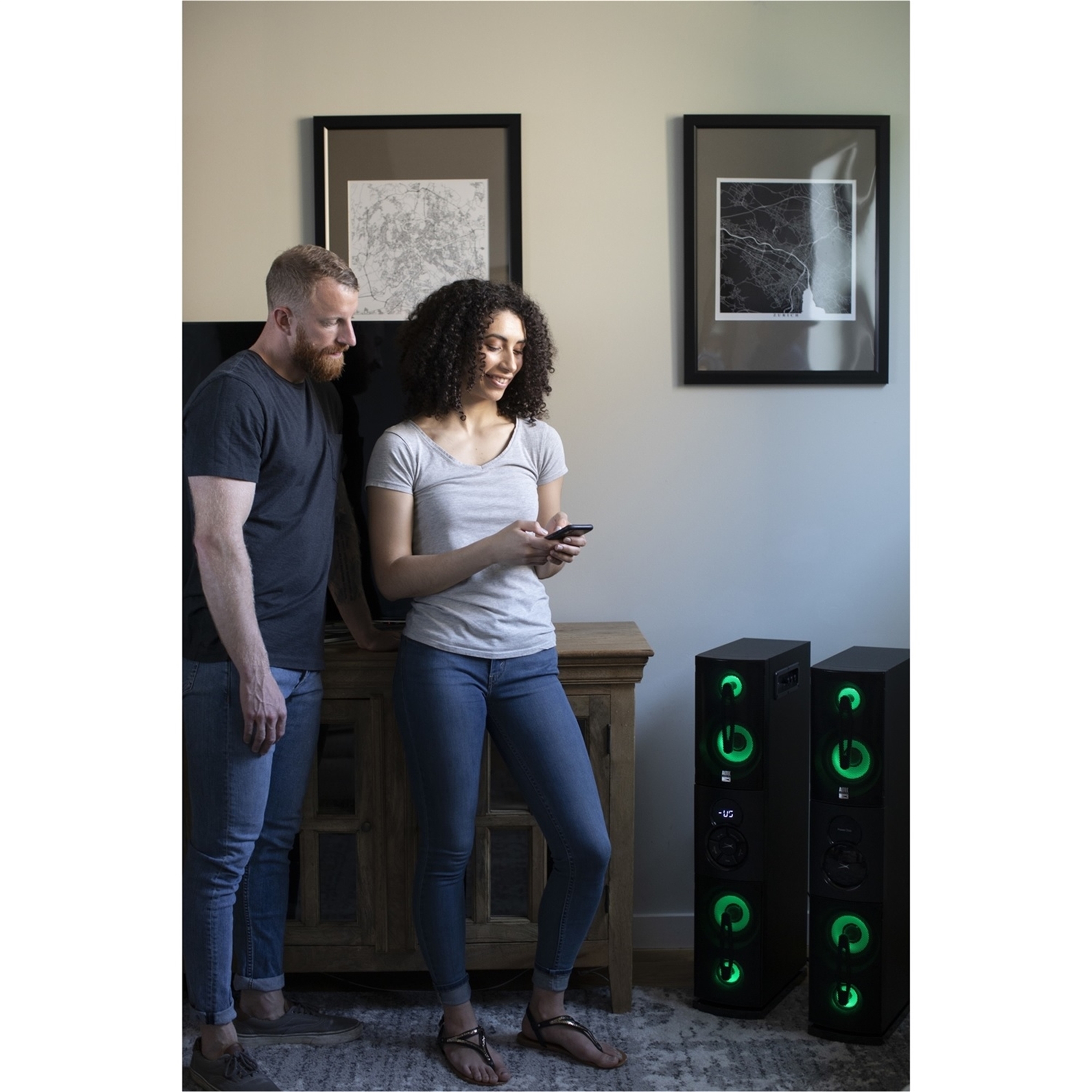 Altec Lansing ALPDUOBK000R Power Duo 240-Watt-RMS Bluetooth Tower Set With Led Lights And Remote, Factory Recertified