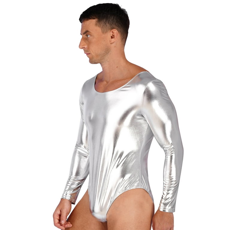 YEAHDOR Mens Shiny Long Sleeve Ballet Dance Bodysuit Patent Leather  Gymnastics Leotard Bodycon Unitard Costume Silver 3XL