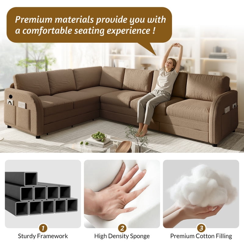 L-Shaped Sectional Sofa with Pull Out Bed, 115.2'' Convertible Sleeper Sofa with Reversible Chaise, USB Charging Ports & Side Pockets, Oversized 6-Seat Sofa Couch for Living Room