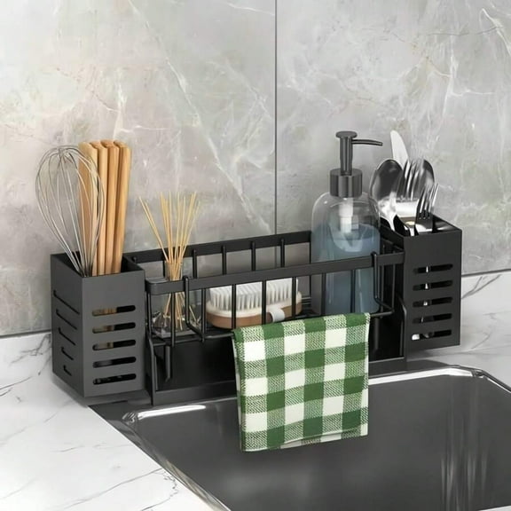 OdorsTT Sink Caddy for Kitchen, Counter & Wall Mounted Sponge Holder with 2 Brush Storage Slots, Self-Draining Carbon Steel Kitchen Organizer Soap