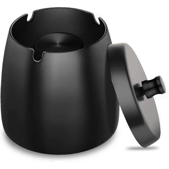 Stainless Steel Ashtray With Lid Heavy Storm Wind Non-slip Base For Outdoors And Indoors Black For Cigarette Remains And Ashes In Garden Bar Office