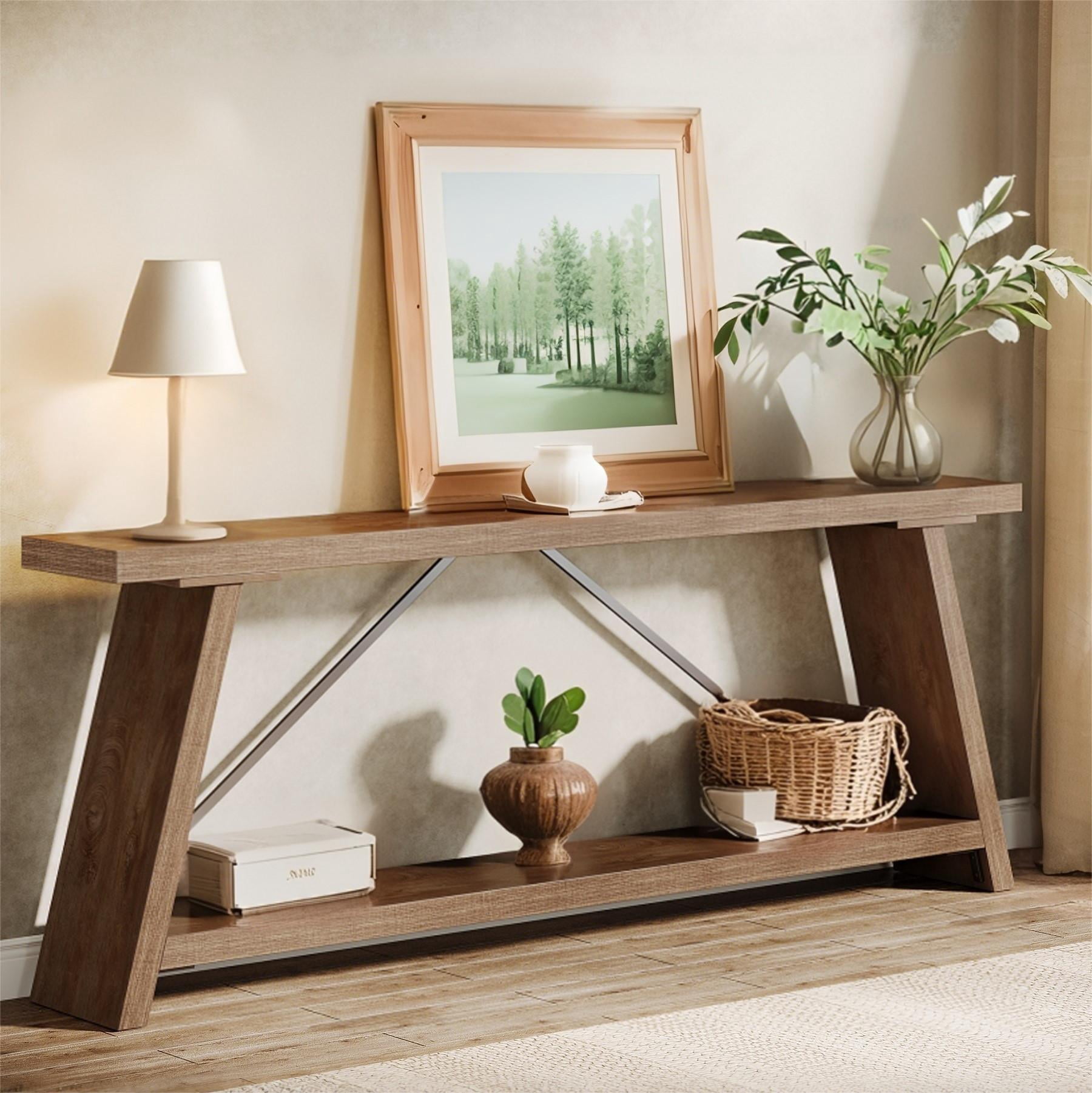 Fnova 70.87" Farmhouse Console Table for Entryway, 2-Tier Storage Long Narrow Wood Entryway Table, Metal Frame, Easy Assembly, Brown