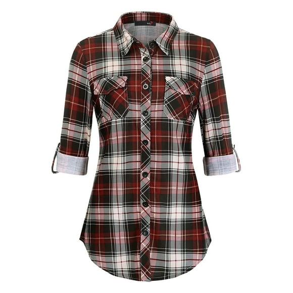 TSADFHJI Dressy Christmas Tops for Women Long Spring and Autumn Gingham Pocket Button Comfortable Casual Printed Women's Shirt L Watermelon Red