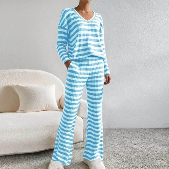 Fznquz Womens Winter Pajamas Striped Soft Pjs 2 Piece Long Sleeve Sleepwear