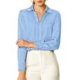 thumbnail image 1 of CAMISAS ELEGANTES PARA MUJER INSPIRADAS CHIC, CON CUELLO PUNTA V Y MANGAS LARGAS, BLUSA DE SATÉN SUAVE M AZUL CLARO, 1 of 8
