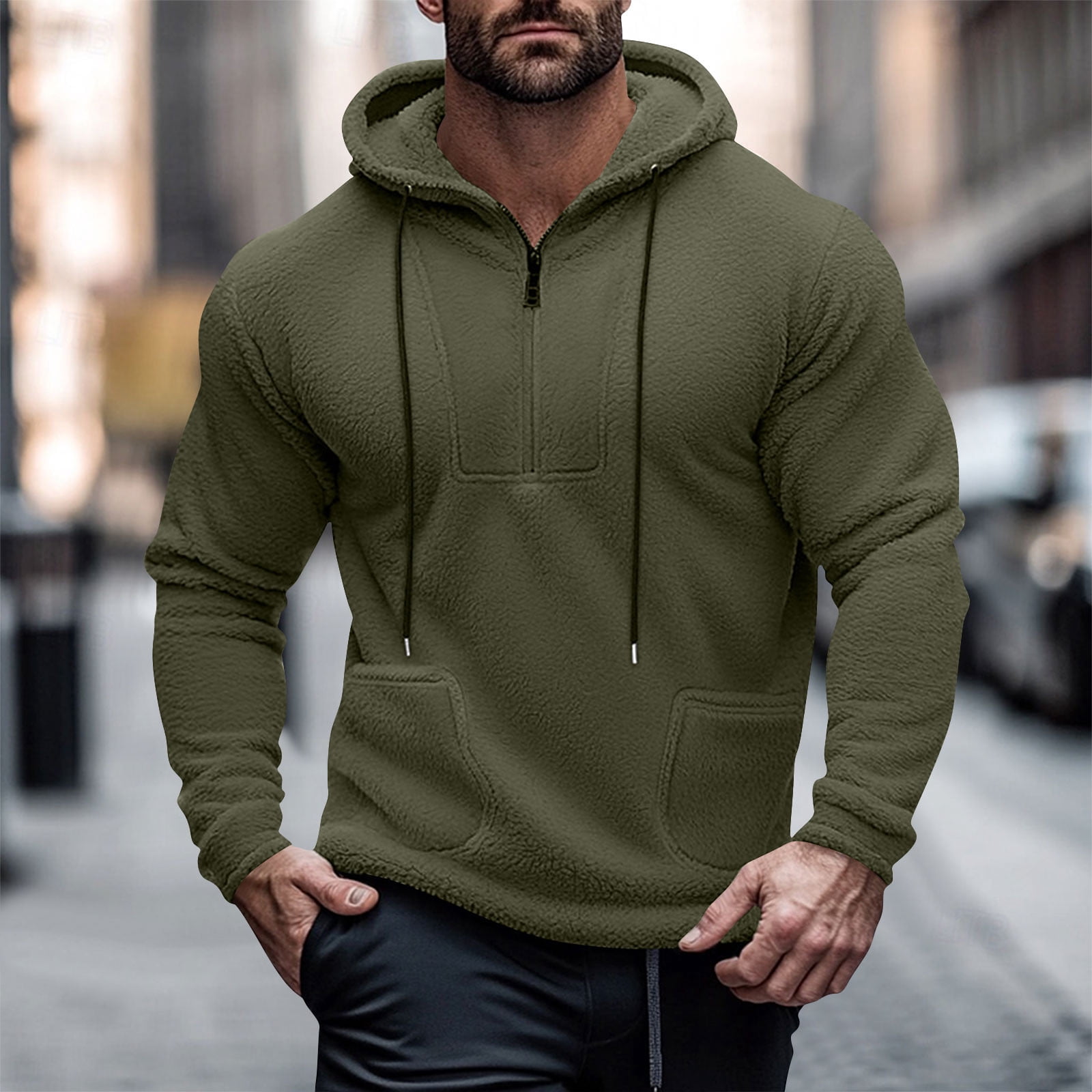 Paiwinds Men's Vintage Full-Zip Fleece Hoodie, Plush Polyester with Adjustable Hood, Retro Casual Sweatshirt in Army Green