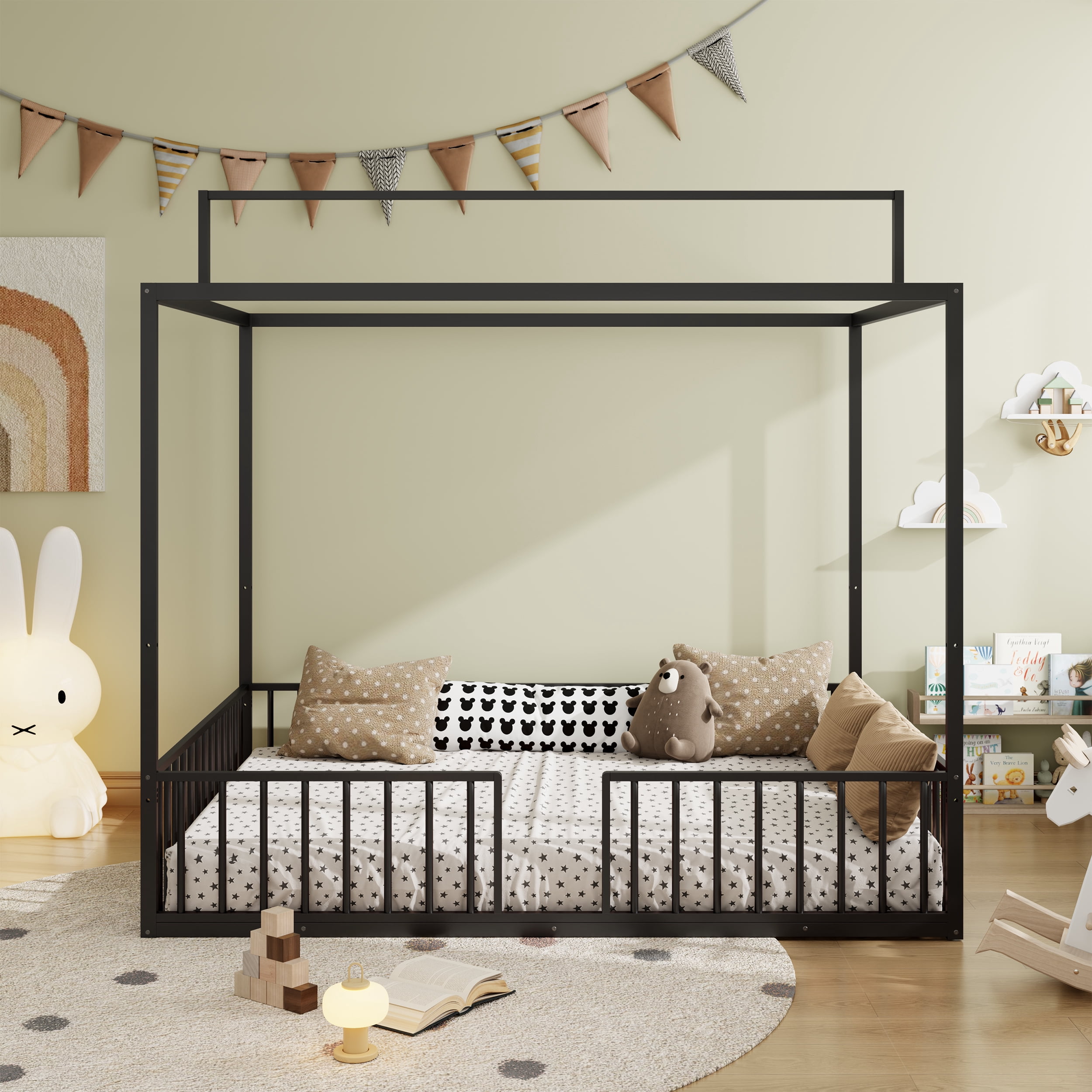 Euroco 3-in-1 Convertible Montessori Metal Bed, Toddler Bed, Floor Bed, Platform Bed,Modern Minimalist Design Canopy Bed Flame, Easy Assembly, Full Size, Black